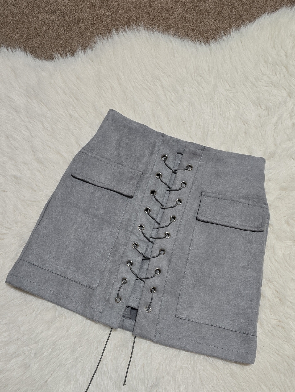 Gray Lace-Up Suede Mini Skirt